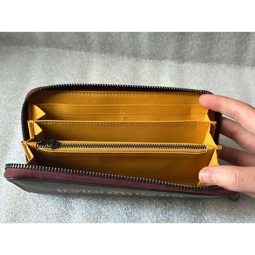 EUC Coach Signature Zip Around Wallet Brown Yellow Varsity Logo Mustard C4452